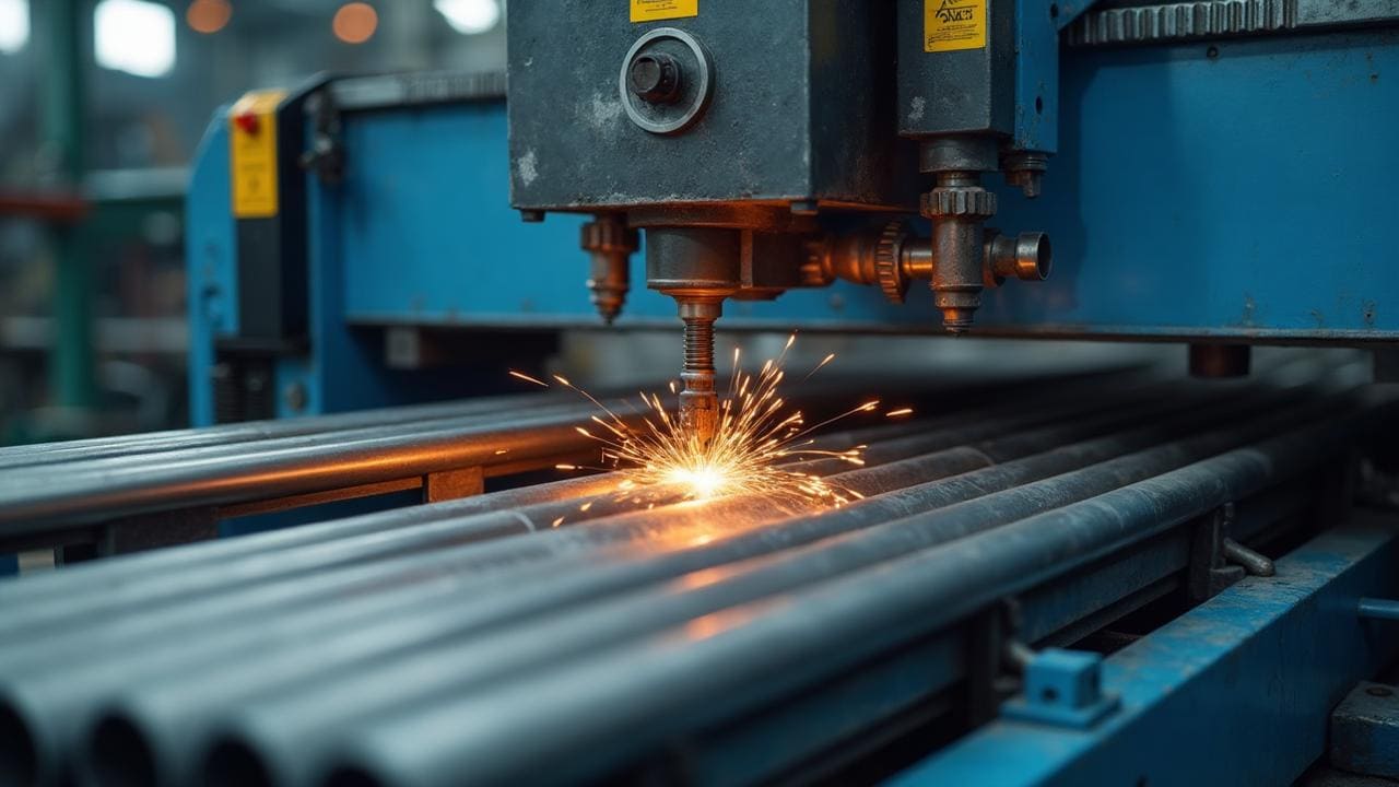 Corte de tubos metálicos com faíscas em ambiente industrial